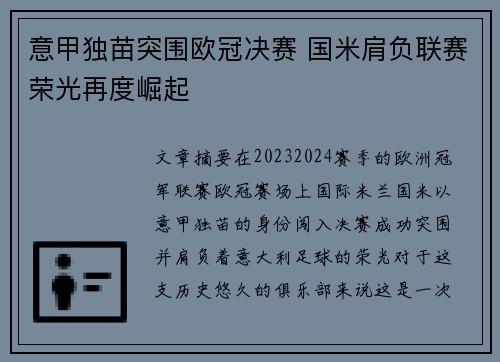 意甲独苗突围欧冠决赛 国米肩负联赛荣光再度崛起
